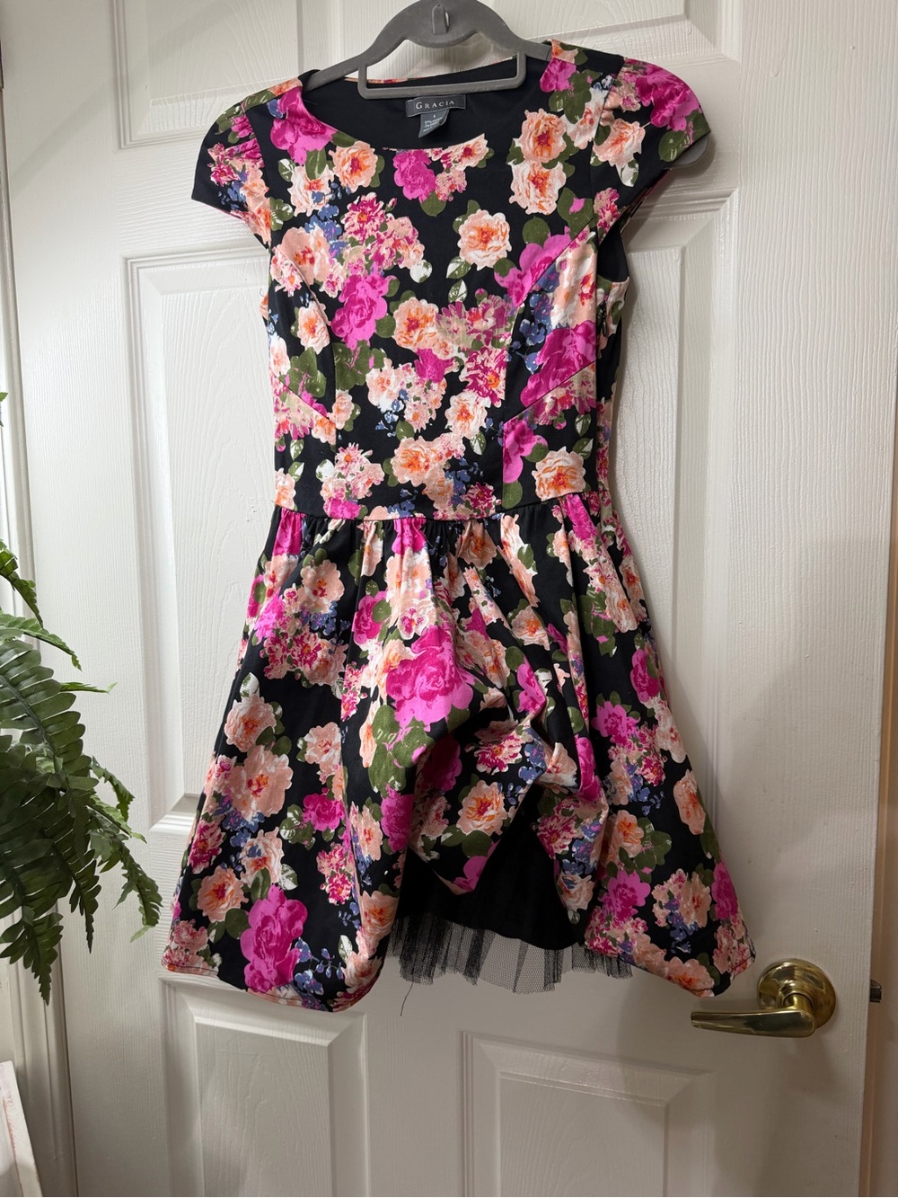 Gracia Black Floral Fit-and-Flare Dress with Pink & Peach Blooms